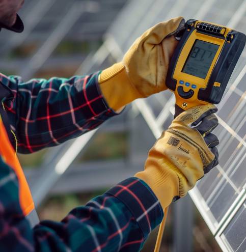 Close up of engineer installing solar panels on the rooftop. Electrical technician at work, alternative renewable energy generation concept. Generative AI Close up of engineer installing solar panels on the rooftop. Electrical technician at work, alternative renewable energy generation concept. Generative AI.