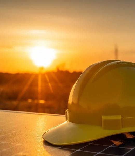 Yellow safety helmet on solar cell panel, sunrise